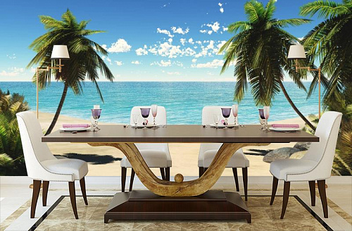 Пальмовый рай в интерьере кухни с большим столом