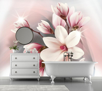 Белые цветы на розово-сером  в интерьере ванной