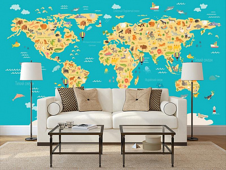 Карта мира для детей  в интерьере гостиной с диваном