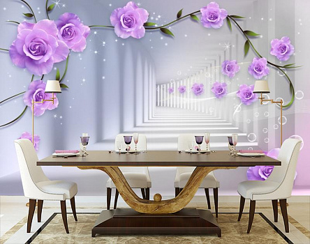 Белый тунель с цветами в интерьере кухни с большим столом