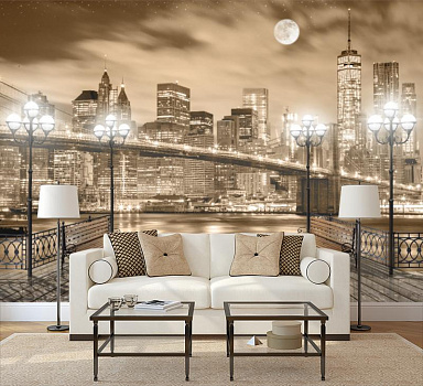 Терраса с видом на Брукленский мост в интерьере гостиной с диваном