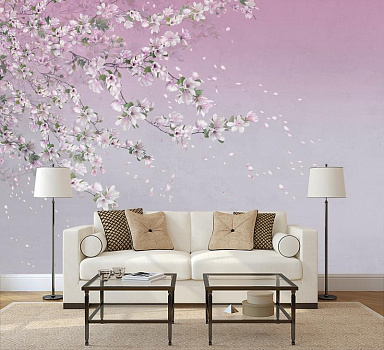 Магнолия розовая штукатурка в интерьере гостиной с диваном
