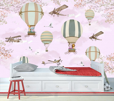 Воздушные шары на розовом небе в интерьере детской комнаты мальчика