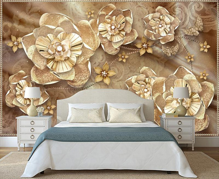 Золотые цветы на шоколадной ткани в интерьере спальни