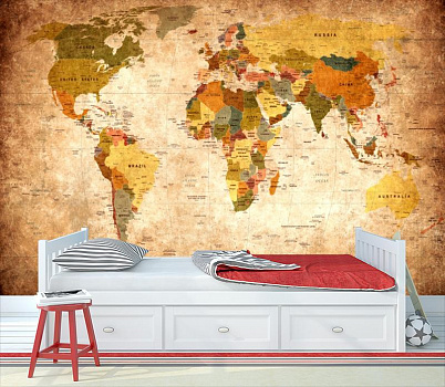 Старинная карта мира в интерьере детской комнаты мальчика