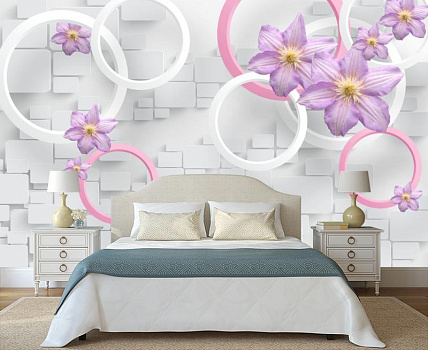 Белые и розовые кольца с цветами в интерьере спальни