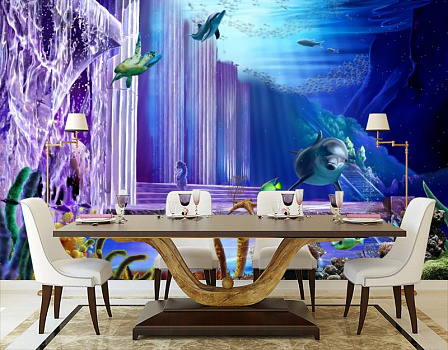 Сказочный подводный мир в интерьере кухни с большим столом