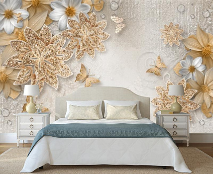 Драгоценные цветы с бабочками в интерьере спальни