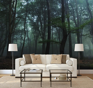 Темный лес в интерьере гостиной с диваном
