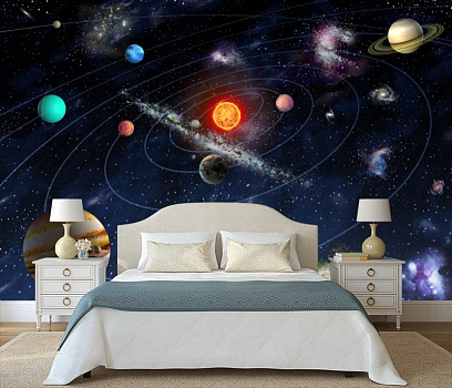 Планеты на орбите в интерьере спальни