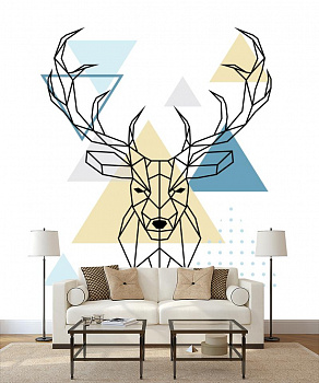 Геометрический олень в интерьере гостиной с диваном