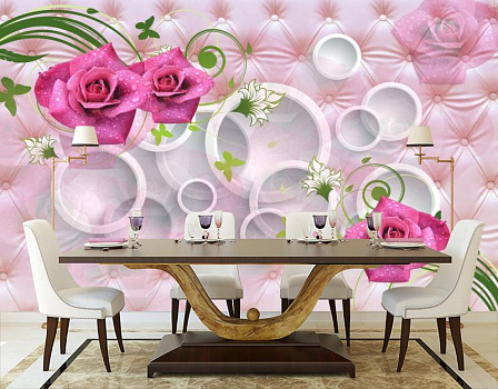 Розовые розы  в интерьере кухни с большим столом