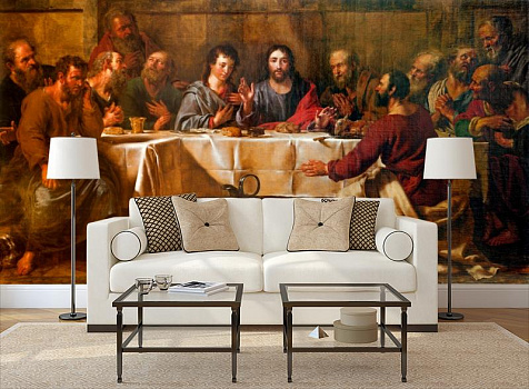 Иисус с апостолами в интерьере гостиной с диваном