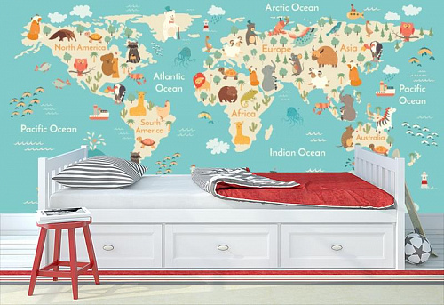 Детская карта мира в интерьере детской комнаты мальчика