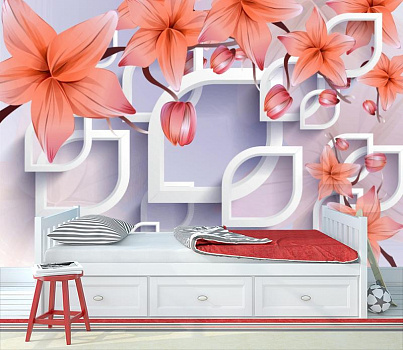Красные лилии с белыми овалами  в интерьере детской комнаты мальчика