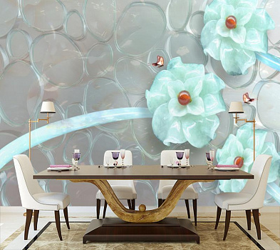 Белые цветы с пузырьками в интерьере кухни с большим столом
