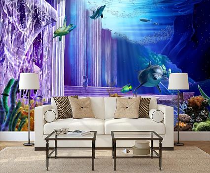 Сказочный подводный мир в интерьере гостиной с диваном