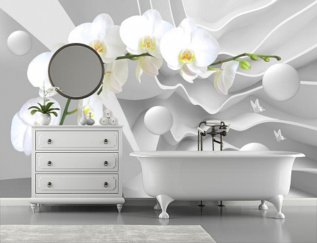 Белая орхидея с шарами в интерьере ванной