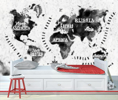 Черно-белая карта мира в интерьере детской комнаты мальчика