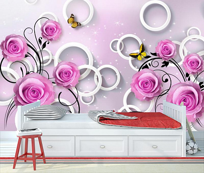 Розовые розы на белых кругах в интерьере детской комнаты мальчика