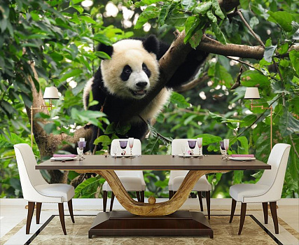 Улыбчивая панда в интерьере кухни с большим столом