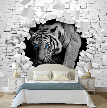 Тигр проходящий сквозь белую стену в интерьере спальни