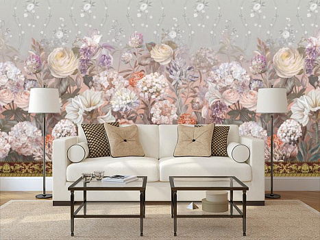Белые цветы на нежном сером фоне в интерьере гостиной с диваном