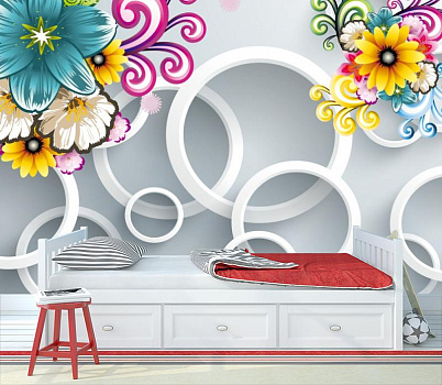 Белые кольца с яркими цветами в интерьере детской комнаты мальчика
