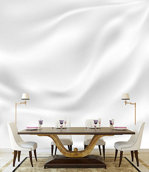 Белый шелк в интерьере кухни с большим столом