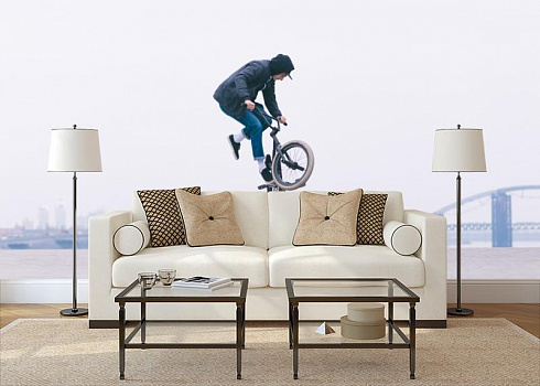 Велосипедный трюкач в интерьере гостиной с диваном