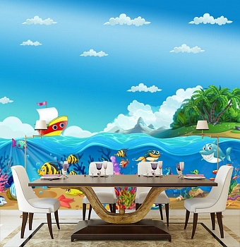 Кораблик и рыбки  в интерьере кухни с большим столом