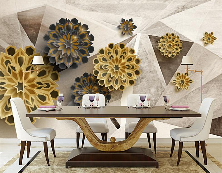Геометрические цветы в интерьере кухни с большим столом