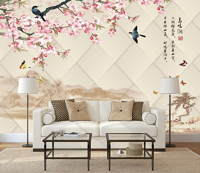 Сакура на фоне природы в интерьере гостиной с диваном