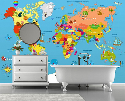 Карта мира по странам в интерьере ванной
