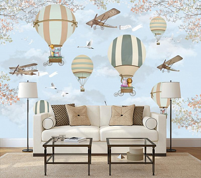 Воздушные шары на голубом небе в интерьере гостиной с диваном