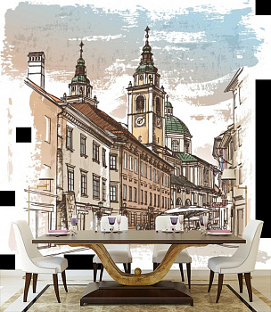 Рисунок городской улицы в интерьере кухни с большим столом