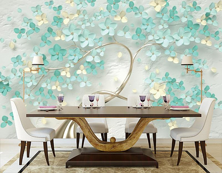Светло-зеленые цветы на белой стене в интерьере кухни с большим столом