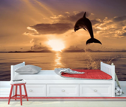 Дельфин на закате в интерьере детской комнаты мальчика