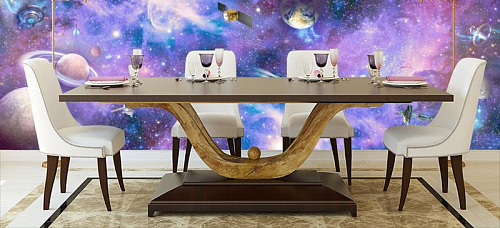 Космическая жизнь в интерьере кухни с большим столом