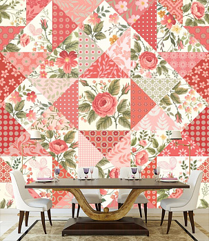 Орнамент из розовых цветов в интерьере кухни с большим столом