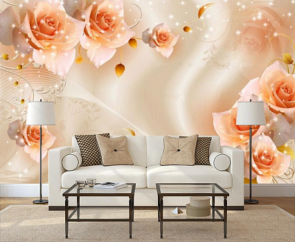 Композиция с бежевыми розами в интерьере гостиной с диваном