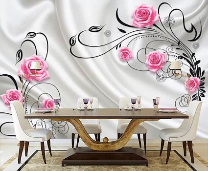 Розы на молочном шелке в интерьере кухни с большим столом