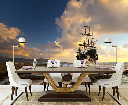 Пиратский корабль в интерьере кухни с большим столом