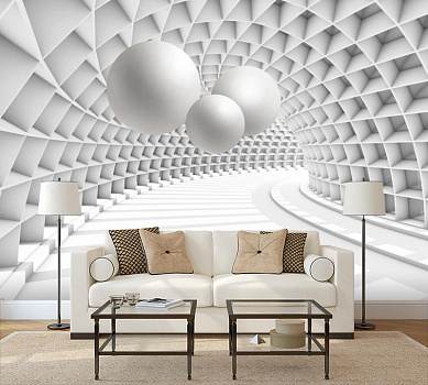 Белые шары под куполом из квадратов в интерьере гостиной с диваном