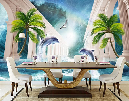 Дельфины в бушующем море в интерьере кухни с большим столом