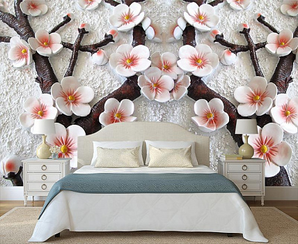 Цветы сакуры  в интерьере спальни