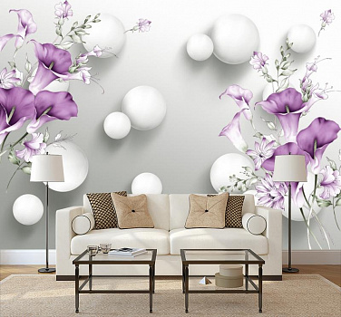 Белые шары с калами в интерьере гостиной с диваном