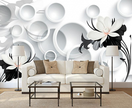 Белые лепестки на фоне 3D кругов в интерьере гостиной с диваном