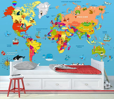 Карта мира по странам в интерьере детской комнаты мальчика