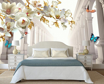 Белые арки с цветами  в интерьере спальни